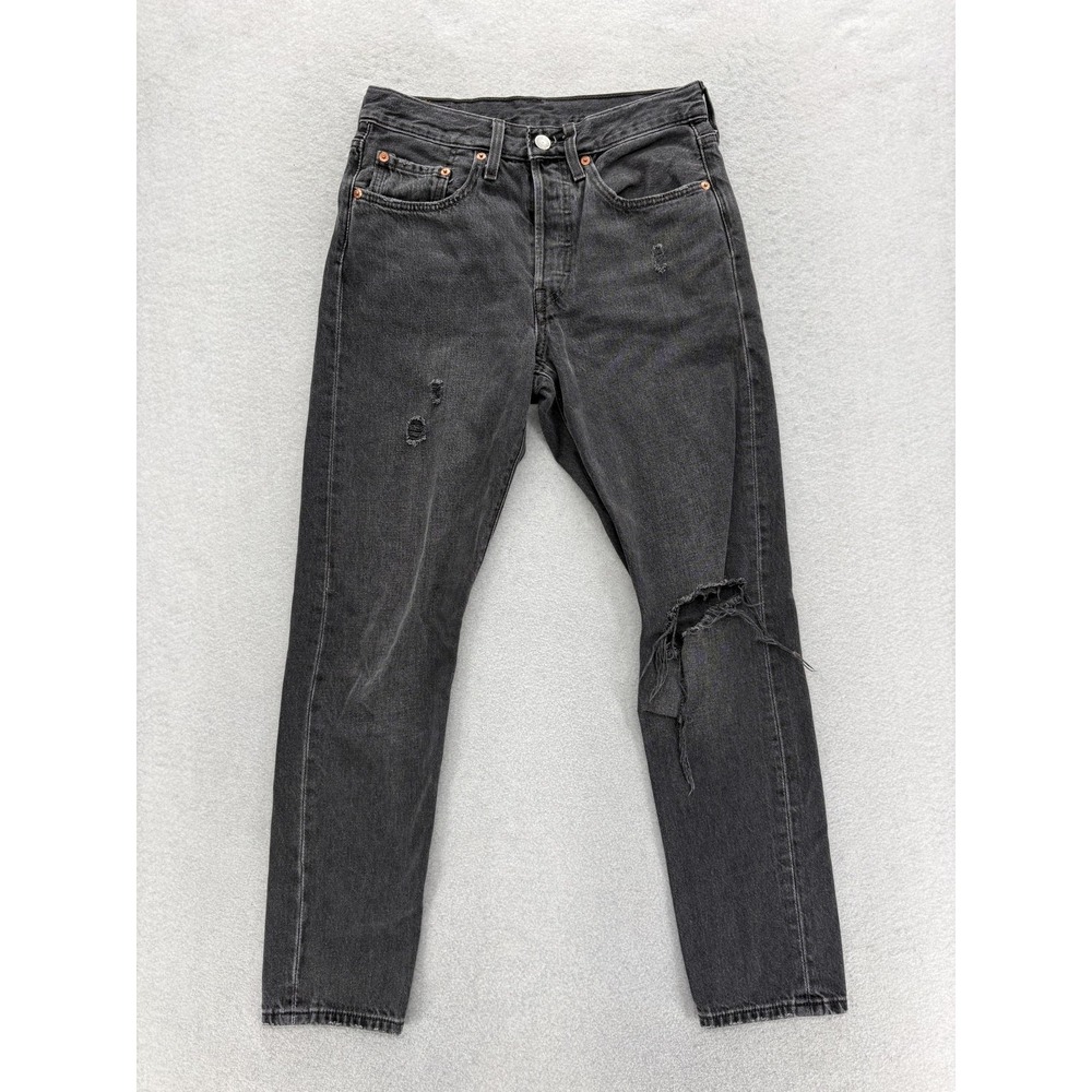 Levis Premium 501 Skinny Jeans Women 26x28 Gray Charcoal Wash Denim Distressed